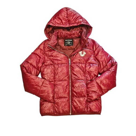 True Religion womens small puffer down hooded jacket red glossy horseshoe y2k - Picture 1 of 8